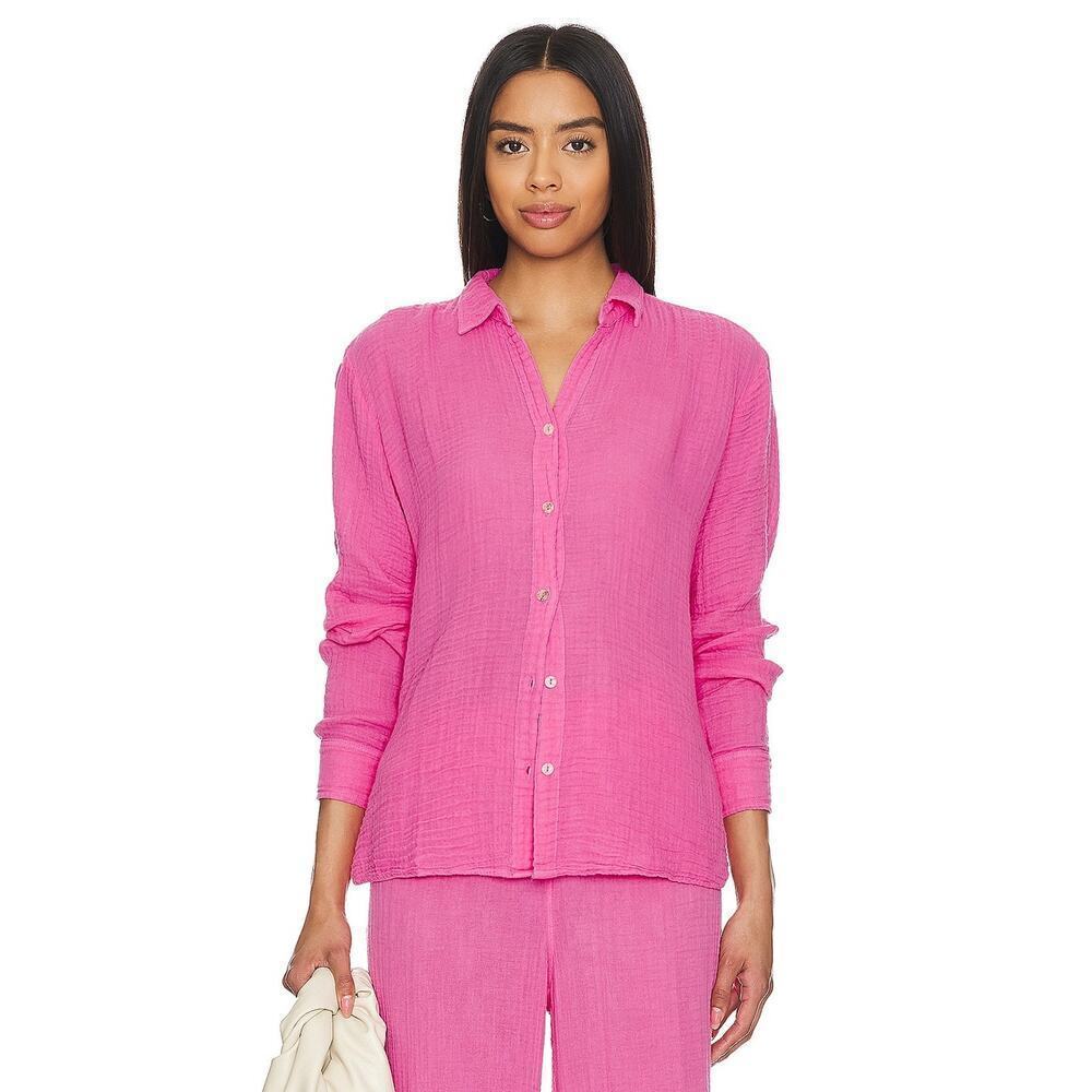 Michael Stars Leo Button Down Shirt Pink Gauze flamingo cotton top XS $168